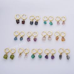 Birthstone Jewelry, Unique Jewelry, Natural Raw Gemstone Dangle Earrings, Gold Plated Hoop Earrings, Healing Crystal Stone Earrings, Birthstone Earrings, Boho Jewelry For Women & Men. Mother's Day Gift, Mother's Day Earrings Quantity: 1 pair  Material: Natural raw gemstones,gold plated on brass, Stone Size: 5~10mm approx. (different sizes) Color: Rainbow natural stone colors, silver Weight:2~3g Others: Stones are made of natural raw gemstones & crystals, each stone is different, so each pairs va Adjustable Gemstone Crystal Drop Earrings, Turquoise Earring, Natural Stone Earrings, Birthstone Earrings, Earrings Turquoise, Moonstone Earrings, Birthstone Earring, Raw Gemstones, Earrings Boho