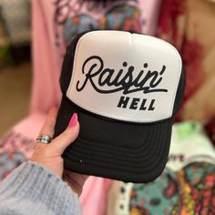 Online Exclusive | Raisin' Hell Foam Trucker Cap in Black and White - Giddy Up Glamour Boutique Charlie 1 Horse Hat, Funny Trucker Hat, Hat Bar, Cowgirl Accessories, Custom Trucker Hats, Hat Ideas, White Caps, Sporty Chic, Leather Patches