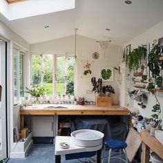 a room filled with lots of different types of plants and decorations on the wall next to a window