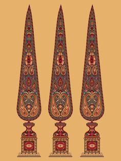 three ornate vases with designs on them in red and gold colors, set against a tan background