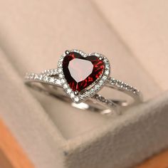 2.5Ct Heart Cut Lab Created Garnet & Cz Halo Bridal Ring Set in 14K Gold Over #Heart #Halo #Anniversary #Engagement Garnet Wedding, January Birthstone Rings, Garnet Heart, Red Garnet Ring, Diamond Ring Set, Diamond Heart Ring, Diamond Bridal Sets, Bridal Ring Sets, Diamond Ring Settings