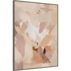 an abstract painting with white, pink and brown colors on the wall above it is a large piece of art