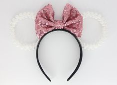 "Welcome To 'LXS COUTURE' Etsy Shop! My Mouse Ears Are Handcrafted By Me With The Highest Quality Materials! The Perfect Mouse Ears To Gift, Add To Your Collection Or A Trip To \"The Most Magical Place On Earth\"! 🏰 PRODUCT DESCRIPTION: 3D Mickey Pearls Go Round Mouse Ears. These feature large pearled mickeys interlocking around the ear. The bow pictured is #14 - blush pink.   🏰 PRODUCT CARE: Handmade. Please handle with care. While these are perfect for wearing around the park, I would not suggest wearing them on fast moving rides or water rides - not waterproof. Care should be taken with children as they have small parts. These are decorative and not a toy.  🏰 SHIPPING: Shipped through USPS in a box and packaged with care. USPS First Class flat rate shipping fee per order. If you need Water Rides, Fast Moving, Mouse Ears, Magical Places, Hair Accessories Headbands, Disney Trips, My Favorite Part, On Earth, The Park