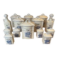 blue and white ceramic kitchen canisters with lids, set of 8 for sale