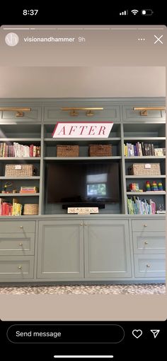 a tv and some bookshelves in a room with no one on the television