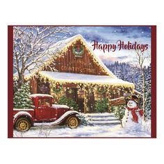 a painting of a christmas scene with a red truck and snowman in front of a house