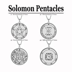 three pendants with the names of different pentagramles on them, and an image of