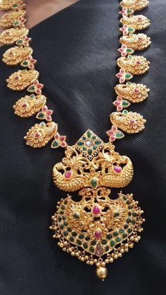 22 Karat Gold "Peacock" Long Necklace with Cz & Beads (Temple Jewellery) - 235-GN3391 - in 126.300 Grams for USD $9845.64. 
Made in India by Totaram Jewelers Online this product is in Gold - 22 Karat BIS Hallmark 916 KDM Gold  & is an excellent gift for Adult - Women. Ships fully insured with secured guaranteed delivery for free with your order over $250 from New Jersey USA & comes with 30 days exchange policy. 22k Gold Necklace, Temple Jewelry Necklace, Gold Peacock, 22k Gold Jewelry, Beautiful Gold Necklaces, Peacock Design, Gold Necklace Women, Gold Jewelry Indian, Gold Necklaces