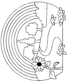 the letter j with flowers and rainbows on it is outlined in black and white