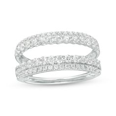 Simple yet stunning, this diamond double-row enhancer breathes new life into your bridal look. Crafted in 14K white gold Raised rows of diamonds shimmer beside outer ribbons of slightly smaller diamonds. This double-sided look is designed to surround a solitaire ring or other ring style. 1 ct. t.w. of diamonds Wedding Diamond Ring With Double Band, Double Band Diamond Wedding Ring, Wedding Double Band Diamond Ring, Double Band Diamond Ring For Anniversary, Formal Double Band Diamond Ring, Engagement Ring Plain Band, Solitaire Enhancer, Plain Bands, Halo Setting