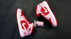 Air Jordan 1  'Valentine Day Edition'. I swear I would rock these shits on the courts. Valentine Jordans, Jordan 1 Pink, Jordan 1 Red, Air Jordan 1 Mid Gs, Rose Bonbon, Fresh Kicks