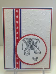 a thank you card with boots and stars on the bottom, in red white and blue