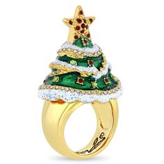 Christmas Tree Cocktail Ring by Ritzy Couture DeLuxe - 18k Gold Plating Shine with the luxurious confidence of our Christmas Tree Cocktail Ring! Celebrate Christmas by adding the unique and artistic style of Ritzy Couture DeLuxe to your person. With Czech Glass and Swarovski Crystals, our Christmas Tree Cocktail Ring dazzles with red, whtie, and peridot on the front and back--all hand-painted with bright green and white enamels, topped off with sparkling glitter flakes.  This exclusive piece of Elegant Christmas Gift Rings, Elegant Christmas Holiday Jewelry, Elegant Christmas Anniversary Rings, Elegant Green Rings For Festive Occasions, Gold Jewelry For Anniversary And Holidays, Sparkling Cocktail, Christmas Tree Charm, Christmas Ring, Your Person