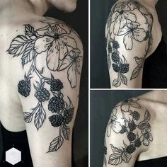 three pictures of the back of a woman's shoulder with flowers and leaves on it