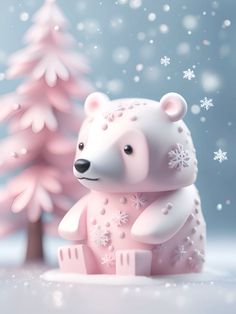 a pink polar bear sitting in front of a snow - covered tree with white stars on it