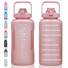 two pink water bottles with measurements on them and the same size as each one in different colors