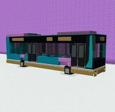 an image of a bus stop in the middle of winter time with purple and blue walls