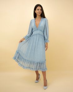 Fashion Blue Floral Print V-Neck Ruffle Maxi Dress Destination Dress, Ruffle Maxi Dress, Ceremony Dresses, Baby Shower Dresses, Shower Dresses, Knitwear Dress, Blue Floral Print, Maxi Gowns, Ruffled Maxi Dress