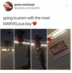 a woman hanging from the side of a garage door in front of a sign that says, going to prom with the most marvelous boy