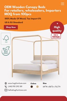 Bring sustainable luxury to bedrooms with our premium wooden beds, made from responsibly sourced materials and finished with eco-friendly paint. Ideal for importers looking to expand their sustainable furniture collections. Contact now for inquiry! Wooden Canopy Bed, Eco Friendly Paint, Sustainable Furniture, Furniture Collections, Made Of Wood