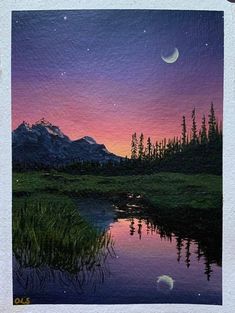 a painting of a mountain lake at night with the moon in the sky