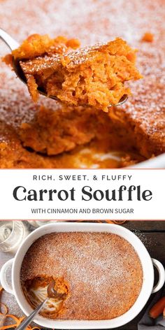 carrot souffle with cinnamon and brown sugar in a white bowl on a table