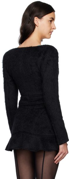 Shag knit wool-blend jacket. · V-neck · Zip closure · Asymmetric hem · Padded shoulders · Zip vent at cuffs · Partial twill lining Supplier color: Black V-neck Winter Evening Outerwear, Chic Evening Outerwear With V-neck, Wool Outerwear With Long Sleeves For Evening, V-neck Formal Outerwear For Fall, Black V-neck Outerwear For Evening, Black V-neck Evening Outerwear, Fitted V-neck Winter Outerwear, Winter Evening V-neck Outerwear, Chic Winter V-neck Blazer