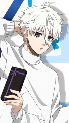 an anime character with white hair holding a black box in his hand and looking at the camera