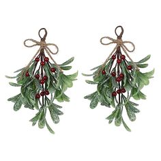 two christmas decorations with holly and berries hanging from twine