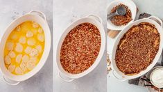 three different pictures of food in white dishes and one with oranges on top, the other has bananas