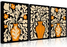 three orange and white vases with flowers in them on black canvases against a white background