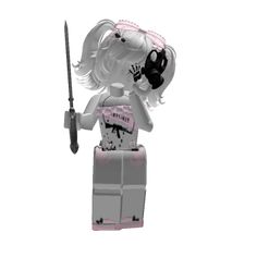 a lego figurine holding a knife and wearing a pink dress with black accents