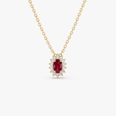 Ruby Necklace  / 14k Gold Ruby Pendant with Halo Diamonds / Classic Ruby Necklace / Mini Ruby Necklace / July Birthstone ▶Item Details * Made to Order * Gold Kt: 14K (also available in 18K) * Available Gold Color: Rose Gold, Yellow Gold, White Gold * Length and Width of Setting: 8 x 6 MM * Round Diamond: 14 pcs 1.2 MM * Oval Ruby: 1 pc 5 x 3 MM * Diamond Carat Weight: 0.10 ctw * Ruby Carat Weight: 0.30 ctw * Diamond Color-Clarity: G Color SI Clarity * Ready to Ship in 1-2 Business Days ▶ See mor Oval Diamond Necklace With Jewels, Exquisite Diamond Birthstone Necklaces, Oval White Gold Necklace With Jewels, Formal 14k Gold Birthstone Necklace With Gemstone, 14k Gold Birthstone Necklace With Gemstone For Formal Occasions, Formal 14k Gold Birthstone Necklace, Formal Birthstone Pendant Necklace, Elegant 14k Gold Necklaces With Gemstone Accents, Yellow Gold Jeweled Diamond Necklace Gift