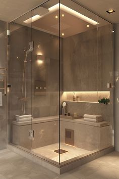 a bathroom with a walk in shower next to a bathtub and sink under lights