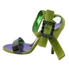 Ankle Strap Sandal In Green/Black Color Mfsrp: $475.00 Upper Made Of Velvet/Patent Leather. Ankle Strap With Velcro Closure.Bow With Brooch At Ankle. Single Toe Strap Design. Open Toe. Leather Lining. Chunky Block Heel. Leather Sole. Made In Italy. Heel Height: 3 3/4"Brand New With Box With Dust Bag (Scratch On Insole). Mwpa122619 Luxury Green Heels With Buckle Closure, Designer Green Evening Sandals, Designer Green Sandals For Evening, Designer Green Ankle Strap Heels, Green Heels With Buckle Closure For Evening, Green Black Color, Velvet Heels, Chunky Block Heels, Christian Lacroix