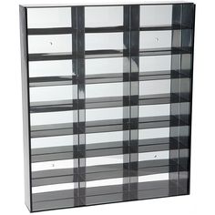 a black and white bookcase with many shelves on each side that have glass doors