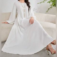 Najma Women’s Solid Color White Lantern Sleeve Long Elegant Arabic Dress With Round Neck, Under Abaya Inner Maxi Dress Modest Long Sleeve Beach Dress, White Long Sleeve Plain Dress, Modest White Maxi Dress For Beach, Modest Long Sleeve White Midi Dress, Islamic Wear, White Lantern, Plum Sweater, Arabic Dress, Temple Dress