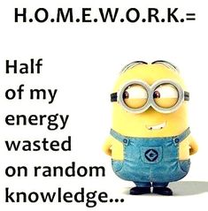 a minion is standing in front of a white background with the words h o m e w r k