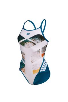 a women's swimsuit with an abstract print on the front and back side