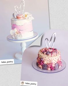 two cakes decorated with flowers and bunny ears on top of each other, one is pink and the other is white