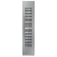 a tall stainless steel refrigerator freezer with glass doors