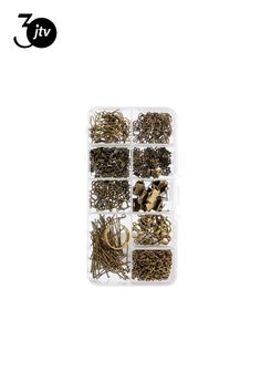 several different types of screws and nuts in a plastic container on a white background