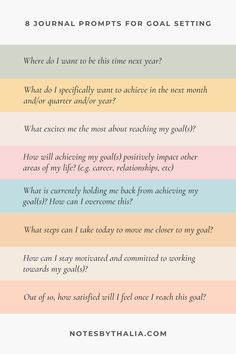 8 journal prompts for goal setting infographic with black italic text and coloured rectangles. Introspection Journal Prompts, Journaling For Goals, Goal Setting Guide, Quarterly Vision Board, Journal Prompts For Focus, May Goals Journal, Yearly Journal Prompts, Goal Setting Inspiration, Journal Prompts Goals