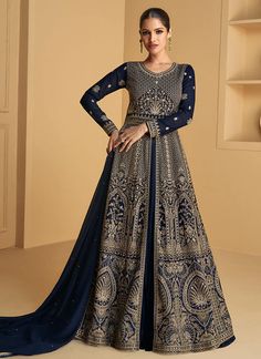 Buy Navy Blue Embroidered Anarkali Dress With Lehenga In Canada Long Anarkali Gown, Silk Anarkali Suits, Gown With Dupatta, Anarkali Lehenga, Designer Anarkali Suits, Party Wear Gown, Gaun Fashion, Designer Anarkali, Anarkali Gown