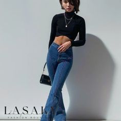 Lasaky - 90s High-Waisted Skinny Jeans with Seam Detail 90s Wide Leg Winter Bottoms, 90s Style Wide Leg Winter Bottoms, Cropped Bottoms For Fall Streetwear, Fitted Cropped Bottoms For Winter, High Waist 90s Stretch Pants, 90s Style Mid-rise Pants For Fall, Y2k Cropped Bottoms For Spring, Fall Cropped Fitted Flare Jeans, 90s Style Blue Bottoms For Fall