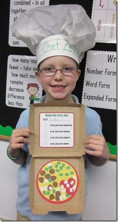 a young boy wearing a chef's hat and holding up a pizza box with information on it