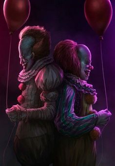 two creepy clowns hugging each other with red balloons in the air behind them on a dark background