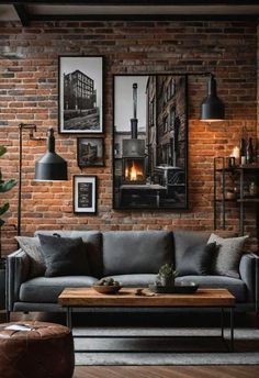 a living room filled with furniture and brick walls