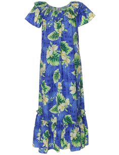 Long Muumuu Dress Relaxed Fit Orchids Kekala Royal Blue KY Blue Sleeveless Dress With Hibiscus Print, Summer Batik Print Floor-length Maxi Dress, Blue Sleeveless Hibiscus Print Dress, Blue Hawaiian V-neck Dress, Tropical Multicolor Maxi Length Cover-up, Easy Wear Dresses, Sarong Dress, Muumuu Dress, Business Casual Shirts