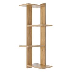 a wooden shelf with three shelves on each side